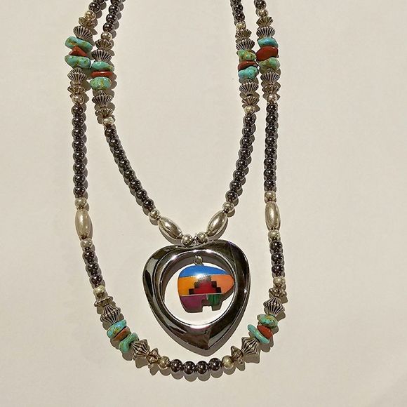 Native Turquoise Zuni Fetish Bear Pendant Necklace Sterling Bead Hematite Heart - Picture 1 of 7